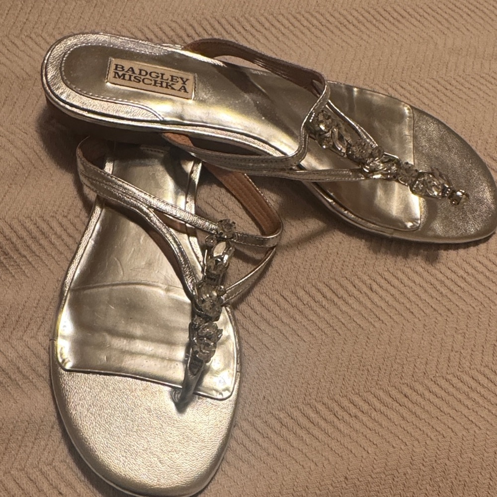 Badgley Mischka Silver Jeweled T-Strap Sandals